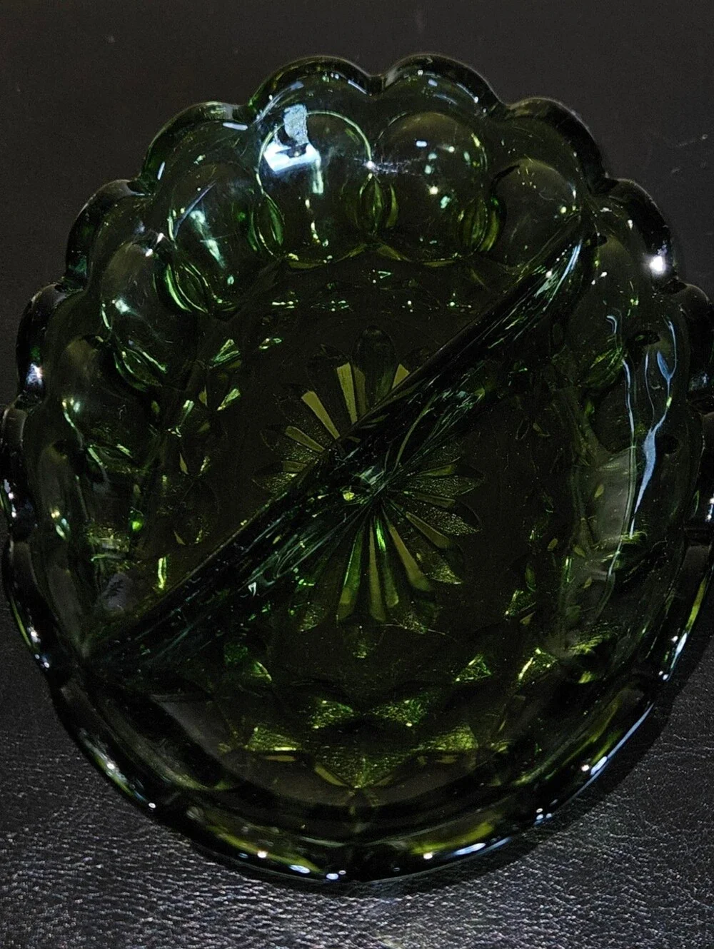 Vintage Anchor Hock Olive Green Glass Oval Serving Dish Divided Scalloped Edge